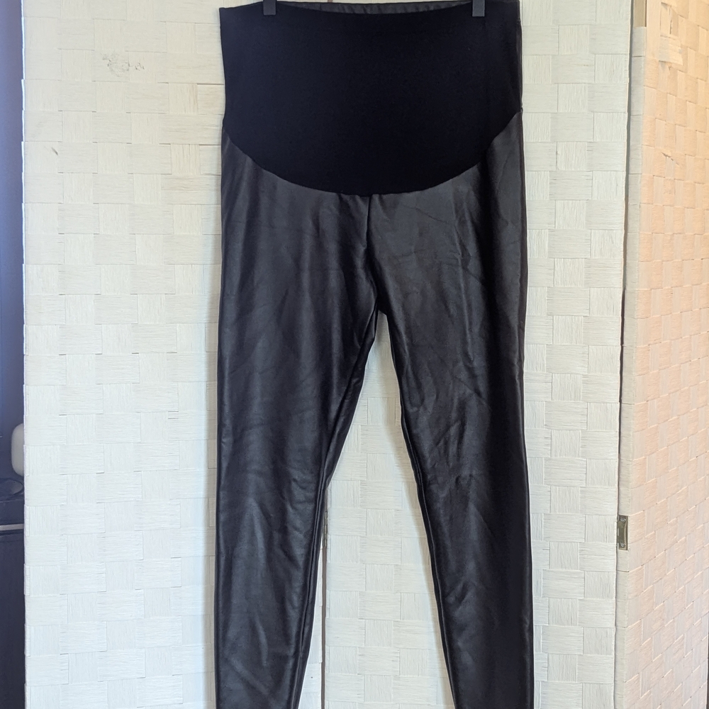 Maternity Black Faux Leather Leggings Pants Size XL Excel Used Cond Comfy